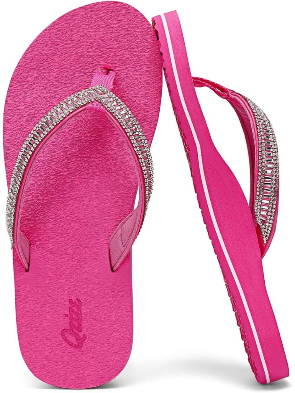 Women's Rose Red Summer Comfortable Flip Flops with Rhinestone Thong Sandals